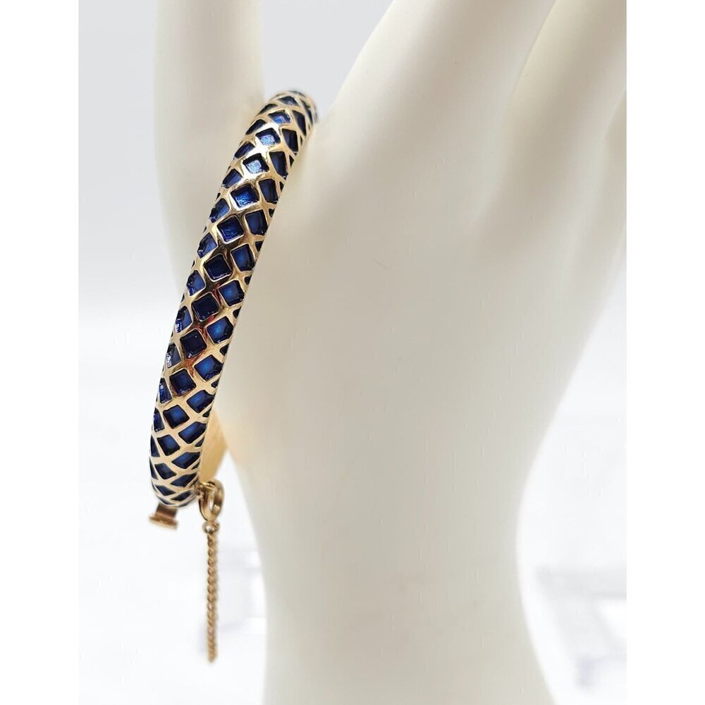 Trifari Mogul Style Blue Enamel Gold Tone Bangle Bracelet With Safety Chain